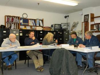 Woolwioch selectmen held an early morning special meeting March 15 to discuss town noncompliance with ADA standards. Selectmen, left to right, are Lloyd Coombs, Jason Shaw, Allison Hepler, Dale Chadbourne and David King. CHARLOTTE BOYNTON/ Wiscasset Newspaper