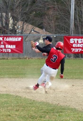 Chandler Longfellow is forced out at second during Wiscasset’s opener with Lisbon on Friday, April 19. KATHY ONORATO/Wiscasset Newspaper