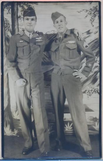 Two World War II veterans enjoy some time together just a few days after World War II ended in 1945. Left is George D’Amato, who became a lawyer in New York after the war. Right is George Jones, who became owner of Yankee Wholesale Company in Wiscasset. Two World War II veterans enjoy some time together just a few days after World War II ended in 1945. Left is George D’Amato, who became a lawyer in New York after the war. Right is George Jones, who became owner of Yankee Wholesale Company in Wiscasset.