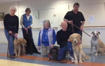 Jean Conte's current dog therapy teams in training on April 4 at the Lincoln Home in Newcastle. From left, Martha Tait and four-year-old Golden Retriever Mollie, Carolyn Ray and one-and-a-half-year-old Labrador Retriever Jack, Conte and her TDI certified German Shepherd, Maya, Joel Russ and three-year-old Golden Nell, and standing behind them, Richard Blouin and Millie, a 15-month-old American Bulldog. Below: Mollie in a simulated arrival at a facility where a “staff member” greets the team, and Bob and Jana Beattie, residents of the Lincoln Home, enjoy a few minutes greeting 15-month-old Millie during the dog therapy preparation course led by Conte April 4. LISA KRISTOFF/Boothbay Register Jean Conte's current dog therapy teams in training on April 4 at the Lincoln Home in Newcastle. From left, Martha Tait and four-year-old Golden Retriever Mollie, Carolyn Ray and one-and-a-half-year-old Labrador Retriever Jack, Conte and her TDI certified German Shepherd, Maya, Joel Russ and three-year-old Golden “Nell,” and standing behind them, Richard Blouin and Millie, a 15-month-old American Bulldog. LISA KRISTOFF/Boothbay Register