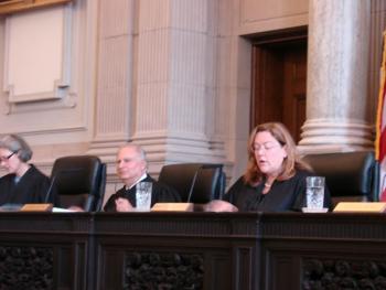 From left, Maine Supreme Judicial Court justices Ellen Gorman and Warren Silver, and Chief Justice Leigh Saufley question lawyers in the Gregory Vrooman case. SUSAN JOHNS/Wiscasset Newspaper