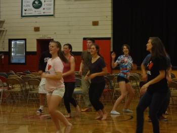 Zach Ellison, Hanna Foye, Brianna Goud, Logan Grover, Miranda McIntire, Julia West and Kayla Gordon learn Zumba steps led by Zumba Instructor Denise Click (not pictured). Courtesy of Wiscasset High School