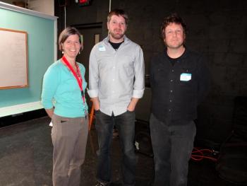 WHS Principal Deb Taylor, Musicians Sumner McKane and Josh Robbins who incorporated music and video to teach students about the turn of the century logging industry in Maine. 