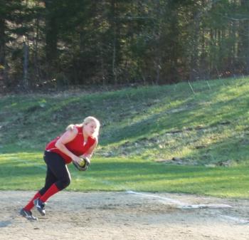 Mackenzie Chancellor fields a ground ball at first base in Wiscasset’s game with Mt. Abram on April 26. KATHY ONORATO/Wiscasset Newspaper