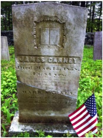 The Dresden Historical Society cleans up old private cemeteries around town; this stone states that James Carney's father Mark Carney died at Halifax in 1782. He was taken prisoner while defending liberty, it states. Courtesy T. Blen Parker
