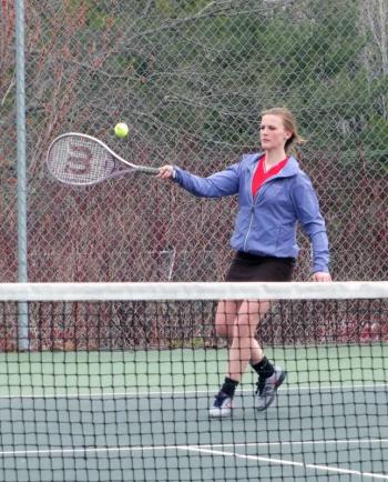 Hanna Foye gets Below: sees doubles action in Wiscasset’s match against Carrabec April 24. KATHY ONORATO/Wiscasset Newspaper 
