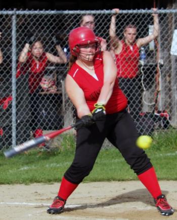 Hannah Campbell makes contact with the ball in Wiscasset’s win over Winthrop on May 8. KATHY ONORATO/Wiscasset Newspaper