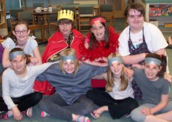 The cast of “The Emperor and the Nightingale” includes, from left, front row: Lily, Brooke, Amathyst, and Kayla; back row: Gwen, Kyle, Paige and Gabby. Courtesy of Wiscasset Primary School