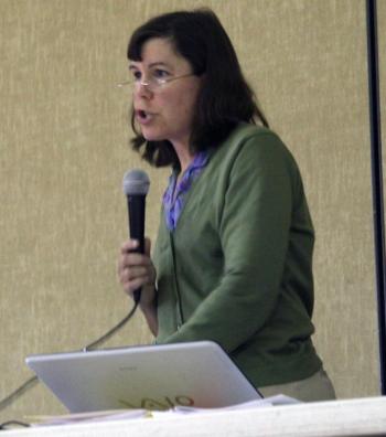 School Board Chairman Hilary Holm addresses state funding questions posed by audience members. JOHN MAGUIRE/Wiscasset Newspaper 