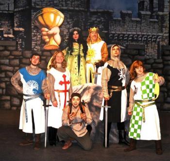 Members of the cast of Monty Python's “Spamalot” at the Boothbay Playhouse. Top row, from left: The Lady of the Lake (Emily Moore) and King Arthur (John Adams). Second row: Sir Bedevere (Cole Domeyer), Galahad (Joel Biron), Patsy (Nick Mirabile), Lancelot (Nicholas Carroll) and Sir Robin (Robo Bishop). Courtesy of Susan Domeyer Members of the cast of Monty Python's “Spamalot” at the Boothbay Playhouse. Top row, from left: The Lady of the Lake (Emily Moore) and King Arthur (John Adams). Second row: Sir Bedevere (Cole Domeyer), Galahad (Joel Biron), Patsy (Nick Mirabile), Lancelot (Nicholas Carroll) and Sir Robin (Robo Bishop). Courtesy of Susan Domeyer