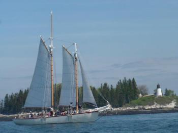 The schooner "Eastwind," loaded with MSSM students, sailed past the Burnt Island Lighthouse into open water. KATRINA CLARK/Boothbay Register The schooner "Eastwind," loaded with MSSM students, sailed past the Burnt Island Lighthouse into open water. KATRINA CLARK/Boothbay Register