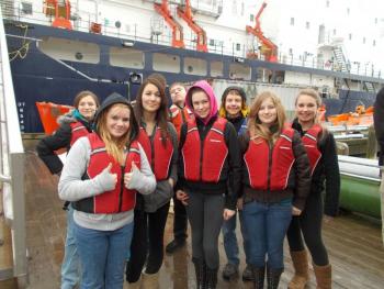 WHS freshmen get prepared for a Discovery Voyage at Maine Maritime Academy. Participants include, left to right, Gabby Wenners, Brittany Gagnon, Kendra Chancellor, Kyle Green, Kennedy Orr, Joey McGraf, Samantha Arsenault and Erika Auger. Courtesy of Wiscasset High School