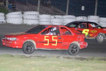 Wiscasset’s Kevin Sherman, driving #55, wins the New England 4-Cylinder Pro Stock feature at Wiscasset Speedway June 15. Courtesy of Peter Taylor, Wiscasset Speedway
