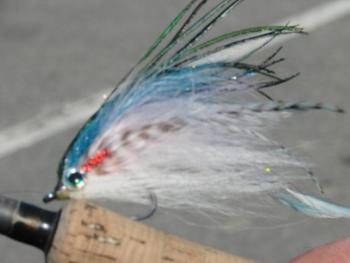 Faulkingham’s clients have the use of equipment like this colorful fishing fly. SUSAN JOHNS/Wiscasset Newspaper