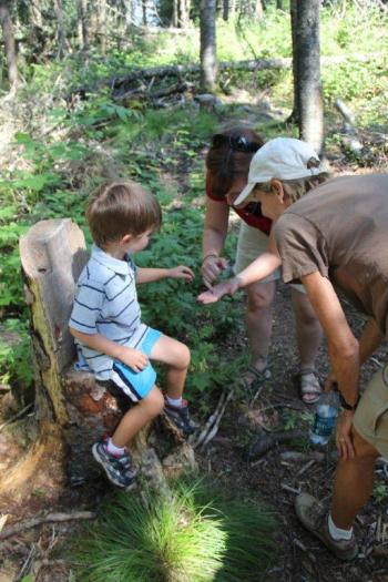 Nan Davison, BRLT Stewardship Campaign Chairman, learns about one of nature’s small wonders with her grandson Graydon on a recent Boothbay Region Land Trust hike at Ocean Point Preserve. BRLT environmental educator Tracey Hall leads a family hike at a land trust preserve the second Saturday of every month. Courtesy of Boothbay Region Land Trust Nan Davison, BRLT Stewardship Campaign Chairman, learns about one of nature’s small wonders with her grandson Graydon on a recent Boothbay Region Land Trust hike at Ocean Point Preserve. BRLT environmental educator Tracey Hall leads a family hike at a land trust preserve the second Saturday of every month. Courtesy of Boothbay Region Land Trust