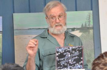 Phil Averill talks during the “Gulf of Maine” presentation Friday at Beachcombers Rest at Pemaquid Beach. Averill, a retired marine educator, spoke about what makes the Gulf of Maine so unique. BEN BULKELEY/Boothbay Register