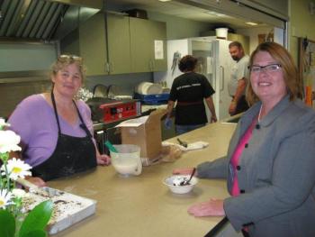 Two hardworking women of Wiscasset, Julie Bellefleur, left, Senior Center Chef and small business owner, and Wiscasset Town Manager Laurie Smith. Courtesy of Dock Schilke