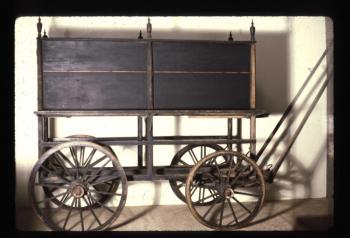This circa 1800 horse-drawn hearse wagon spent an unknown length of time in a cemetery shed in Alna. The town bought it used in 1820. Courtesy of the Maine State Museum. This circa 1800 horse-drawn hearse wagon spent an unknown length of time in a cemetery shed in Alna. The town bought it used in 1820. Courtesy of the Maine State Museum.
