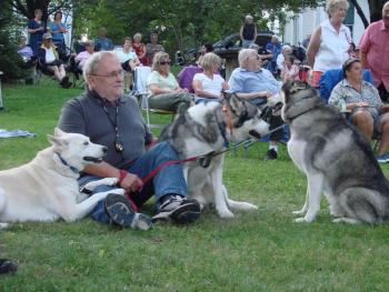 Georgetown's Ken Hoffman and his three adopted huskies, from left, Xena, from the Coastal Humane Society in Brunswick, and Bandit and Maximum, both from the Lincoln County Animal Shelter in Edgecomb, take in a Pan Fried Steel concert on the Wiscasset common August 22. Sometimes, the dogs sing along at concerts, Hoffman said. SUSAN JOHNS/Wiscasset Newspaper