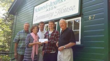 Presenting the donation to the BRSAF in front of the JPVIS Community Center are, from left: Peter Edwards, President of JPVIS; Anne Dooley, Manley Reed Fund centennial representative for JPVIS; Andy Matthews, BRSAF Board Member and JPVIS member; Cade Smith, Recipient of the Manley Reed Scholarship Grant for 2013; and Ham Meserve, President, BRSAF. Courtesy of Peter Edwards Presenting the donation to the BRSAF in front of the JPVIS Community Center are, from left: Peter Edwards, President of JPVIS; Anne Dooley, Manley Reed Fund centennial representative for JPVIS; Andy Matthews, BRSAF Board Member and JPVIS member; Cade Smith, Recipient of the Manley Reed Scholarship Grant for 2013; and Ham Meserve, President, BRSAF. Courtesy of Peter Edwards