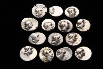14 Greek silver AR hemiobol coins of Bactrian King Demetrius II (175-170 BCE) with standing Athena on the obverse.