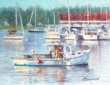 “In a Day’s Work,” 11 by 14-inch oil on canvas by Roger Milinowski, Head of the Harbor Gallery.