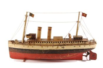 Painted tin U.S. ocean liner “George Washington” by German maker Marklin with original rigging and 85 percent paint.