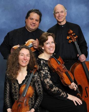 The DaPonte String Quartet: Lydia Forbes, violin; Kirsten Monke, viola; back, left, Ferdinand “Dino” Liva, violin; and Myles Jordan, cellist. Pierce Studio photo