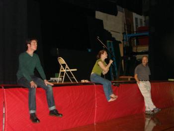 Tim Hoover, left, and Emma Goodman, professional actors from Massachusetts, along with Wiscasset High School science teacher Ralph Keyes, discuss domestic violence at an assembly at the school September 26. SUSAN JOHNS/Wiscasset Newspaper