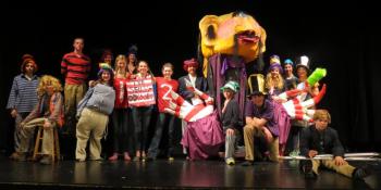 Center for Teaching and Learning’s seventh and eighth graders in costume for their production of Don Zolidis’s “The Seussddyssey,” complete with Cyclops. Courtesy of CTL