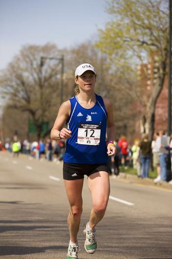 Former Wiscasset resident and two-time Boston Marathon top U.S. female finisher Emily LeVan runs in the 2008 Olympic trials in Boston. She’ll be back in Boston on April 21 to run in this year’s Boston Marathon. Courtesy Emily LeVan Emily LeVan
