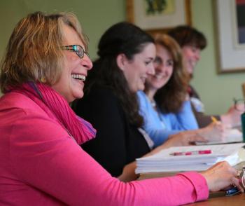 Lincoln County Healthcare Senior Vice President of Home Health and Senior Living Judy McGuire (left) during a Skilled Services Expansion Team meeting at St. Andrews Village. The team, which includes clinical, financial, and operations management staff, is working to develop an affordable and financially feasible expansion project at St. Andrews Village. Courtesy of LincolnHealth