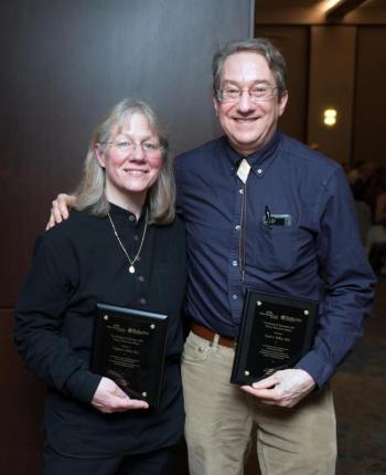 Lincoln Medical Partners general surgeon Garth Miller received the Roger A. Renfrew, MD, Rural Teaching Award at the Maine Track Program Graduation earlier this month. The Maine Track Program is a unique medical school program that brings third-year medical school students to rural communities where they can develop the relationships that often lead them to return following graduation. He is pictured with Virginia A. Eddy, MD, Tufts University School of Medicine Professor, who received the Robert S. Hillman, MD, Urban Teaching Award. Courtesy photo