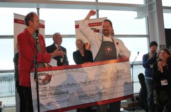 Chef Steve Richards, right, from The World Is Mine Oyster in Boothbay Harbor, was voted Lobster Chef of the Year at the annual Harvest on the Harbor in Portland on Oct. 24. Pictured with him is Kerry Altiero, chef and owner of Cafe Miranda in Rockland. Courtesy of Jonne Trees