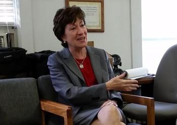 U.S. Sen. Susan Collins, R-Maine, answers a question during an interview with Boothbay Register, Wiscasset Newspaper and Penbay Pilot staff members on Oct. 7, in the Boothbay Register newsroom. KATRINA CLARK/Boothbay Register