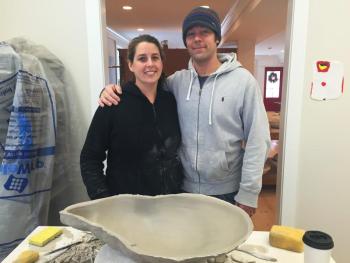 Alison Evans and Chris Fritz stand behind one of Evans’ larger, unfinished creations in their new studio and showroom at 93 Townsend Avenue in Boothbay Harbor. SUZI THAYER/Boothbay Register