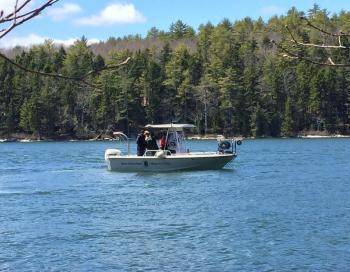 A Maine Marine Patrol/Maine State Police boat was used on the Sheepscot River on Sunday, April 19, in the search for an Edgecomb woman. SUZI THAYER/Boothbay Register