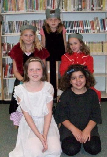 "The Town Mouse and Country Mouse" cast. Front row from left are Jenna and Brittany. Middle row, Izzy and Brianna. Back row is Makenzie. Courtesy of Lisa Hardman