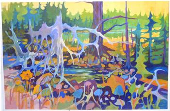 “Wilderness Fantasy,” a 30” x 39” acrylic work is one of the 25 new paintings completed by Carlton Plummer this winter. This piece was inspired by Boothbay’s wetlands. This and others by Carlton, new florals by Joan Plummer and granite sculptures by Gerry Plummer await at The Plummer Gallery in East Boothbay. Courtesy of Carlton Plummer Carlton Plummer “Wilderness Fantasy”