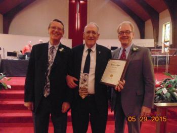 Pastor Wally Staples, center, of the Wiscasset Church of the Nazarene was honored as recipient of the Pastor of the Year award at the annual Maine District Church of the Nazarene Assembly in South Portland on Friday, May 29. With him is The Rev. Cecil Jones, left, Maine District Superintendent, and The Rev. JK Warrick, General Superintendent for the Church of the Nazarene. Courtesy photo