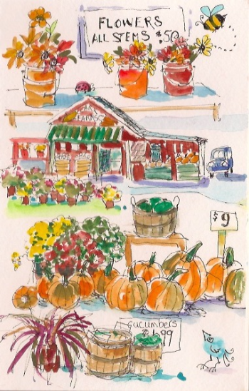 Artist Hannah Ineson’s example of illustrated journaling with watercolors. Ineson will offer two workshops, in mid-July and mid-August at River Arts and various scenic locations. Courtesy of Linda Morkeski Fall Farm Stand Hannah Ineson