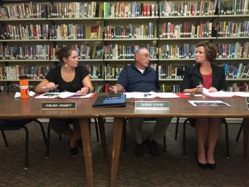 Wiscasset School Committee member Chelsea Haggett, far left, Vice Chairman Eugene Stover and Superintendent of Schools Heather Wilmot take part in the committee’s Aug. 27 meeting in the Wiscasset Middle High School library. Stover led the meeting in Chairman Steve Smith’s absence. SUSAN JOHNS/Wiscasset Newspaper Wiscasset School Committee, Chelsea Haggett, Eugene Stover, Gene Stover, Superintendent of Schools Heather Wilmot