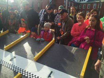 Some of the youngest entrants in the 2015 Pumpkin Derby at Damariscotta Pumpkinfest and Regatta on Oct. 11 react to their carts’ performance. SUSAN JOHNS/Wiscasset Newspaper