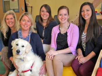 The Pediatric Therapy team at the St. Andrews Campus of LincolnHealth includes, from left: Speech Therapist Marisa Small, Speech Therapist Jennifer Bryce (with Therapy Dog Finn), Physical Therapist Pamela Ford, Registered Dietitian Elisabeth Mills and Occupational Therapist Courtney Machado. Courtesy of LincolnHealth