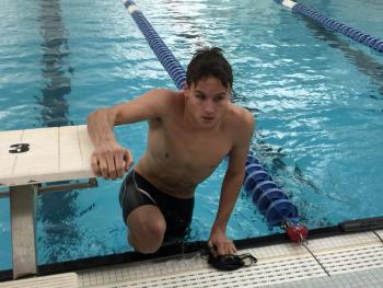Senior Camden Gulden finished his 100-yard freestyle in first place with a time of 54:26, qualifying for states. KATRINA CLARK/Wiscasset Newspaper
