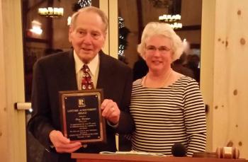 The Lincoln County Board of REALTORS recently held its annual meeting at the 1812 House in Bristol. Along with the installation of new officers for 2016 and an auction to benefit local weatherization charities, Board President Deb Schling presented a Lifetime Achievement Award to fellow REALTOR Roy Farmer to honor his long career in the real estate business in the Midcoast. Roy retired this past fall after over 50 years as a broker. His dedication and commitment locally and to the industry remains unsurpassed. Courtesy photo
