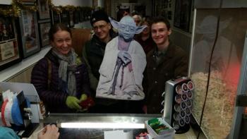 Some people, like Newcastle resident Jamie McGhee (above, left) have been paying homage to the Star Wars movies by arriving at The Harbor Theatre, Boothbay Harbor dressed as their favorite Star Wars characters. On Jan. 2, McGhee attended the evening show with a life-like cardboard cutout of the legendary Jedi Master Yoda. "Star Wars: The Force Awakens" continues at the theater though Sunday, Jan. 10.