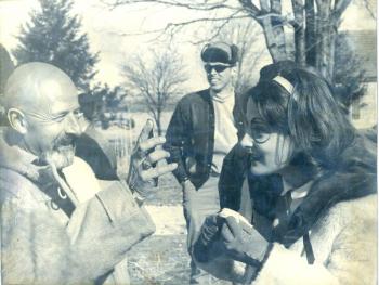 Make-up artist Gary Morris holds a mirror so “In Cold Blood” actress Mary-Linda Rapelye can see the result of a practical joke. A cameraman asked her to look through the lens which had brown make-up applied to the viewfinder resulting with the dark circle around her eye. Courtesy photo