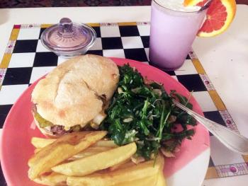 A great burger, fries, a creamsicle ice cream soda, and an arugula salad, to make the whole thing healthy! SUZI THAYER/Boothbay Register