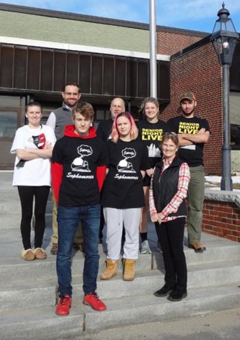 2017 Sara's Scholarship recipients Matthew Chapman and Megan DeLong,front, are joined by Carol Leone of Teens To Trails, front right, and back row, from left, Arieanna Mills (2016 recipient), Keith Crowley of Chewonki, Ralph Keyes (Wiscasset Outing Club Advisor), Gabby Chapman (2015 recipient), and David Fairfield (2016 recipient). Courtesy of Carol Leone